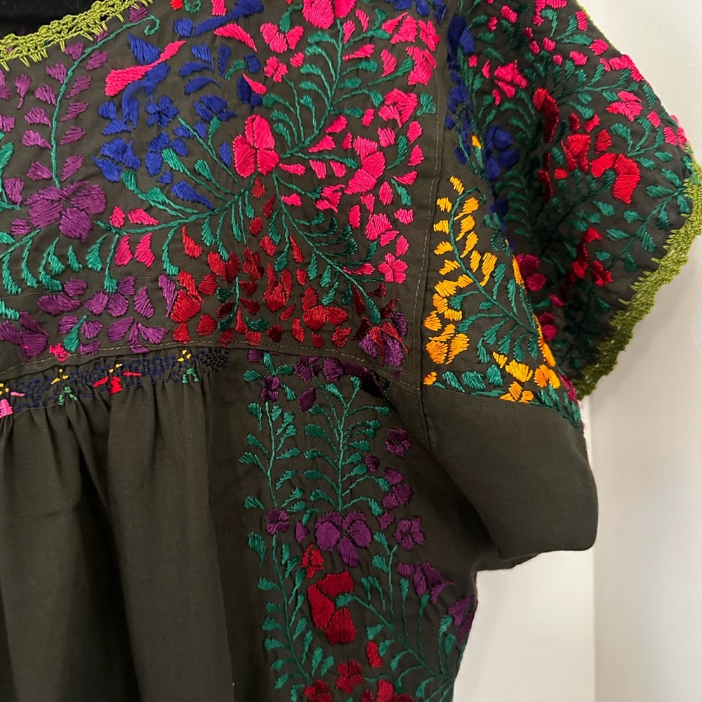 Colorful Mexican Embroidered Maxi Dress Olive Green - Picture 4 of 5